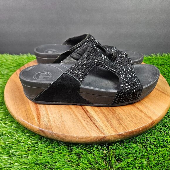 FitFlop Rokkit Crystal Slide Sandals Womens Black Slip On Sparkle Casual Size 7 - Picture 1 of 11